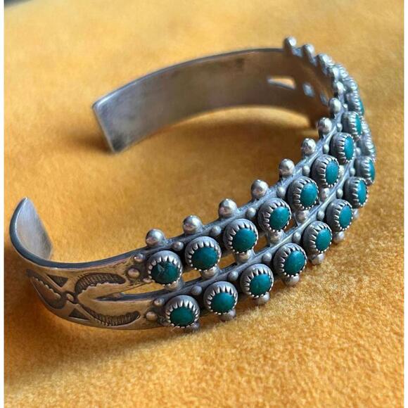 Vintage Sterling Silver Turquoise Cuff Bracelet – Navajo Zuni Style 22g 925 - Picture 1 of 7